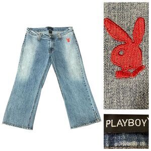 Vintage 90’s Y2K Playboy Capri Low Rise Flare Denim Jeans Embroidered Size 30